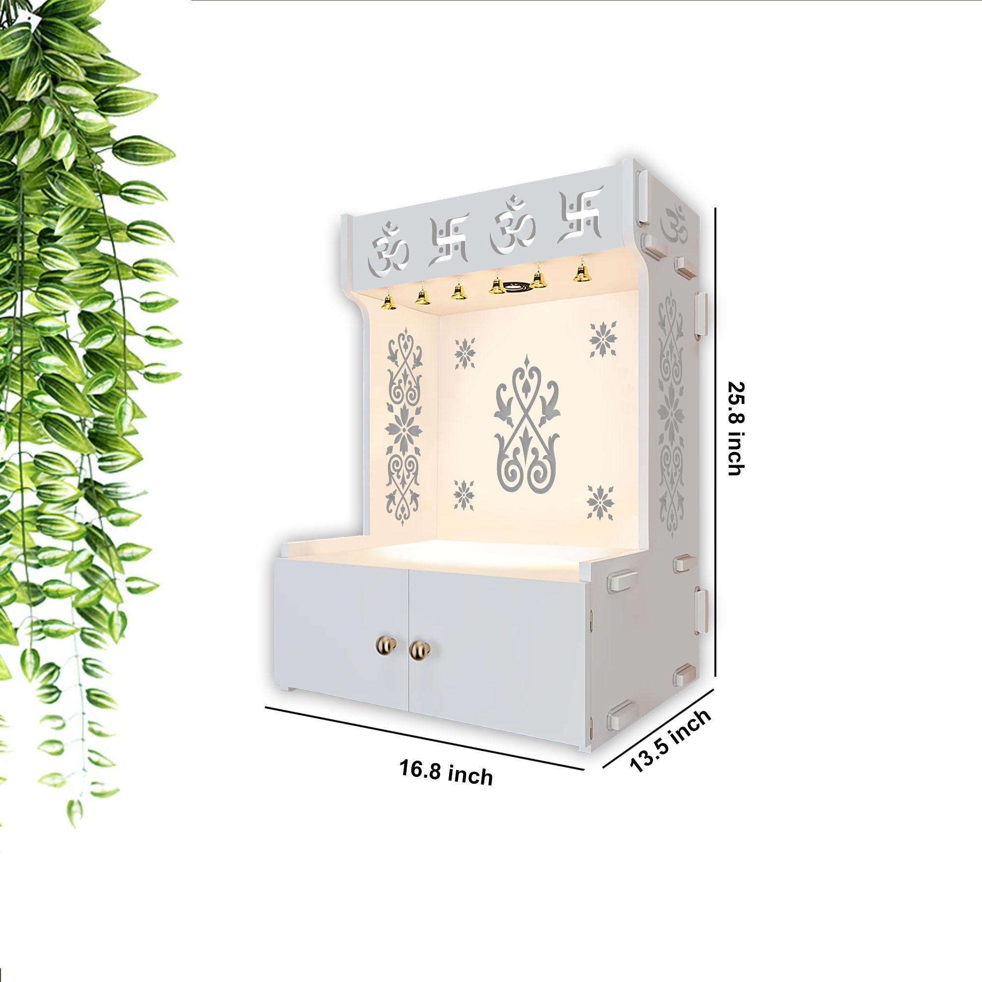 OM Swastika Symbol of Hindu Religious White Wooden Wall Temple for Home With Inbuilt focus Lights & Spacious Shelf