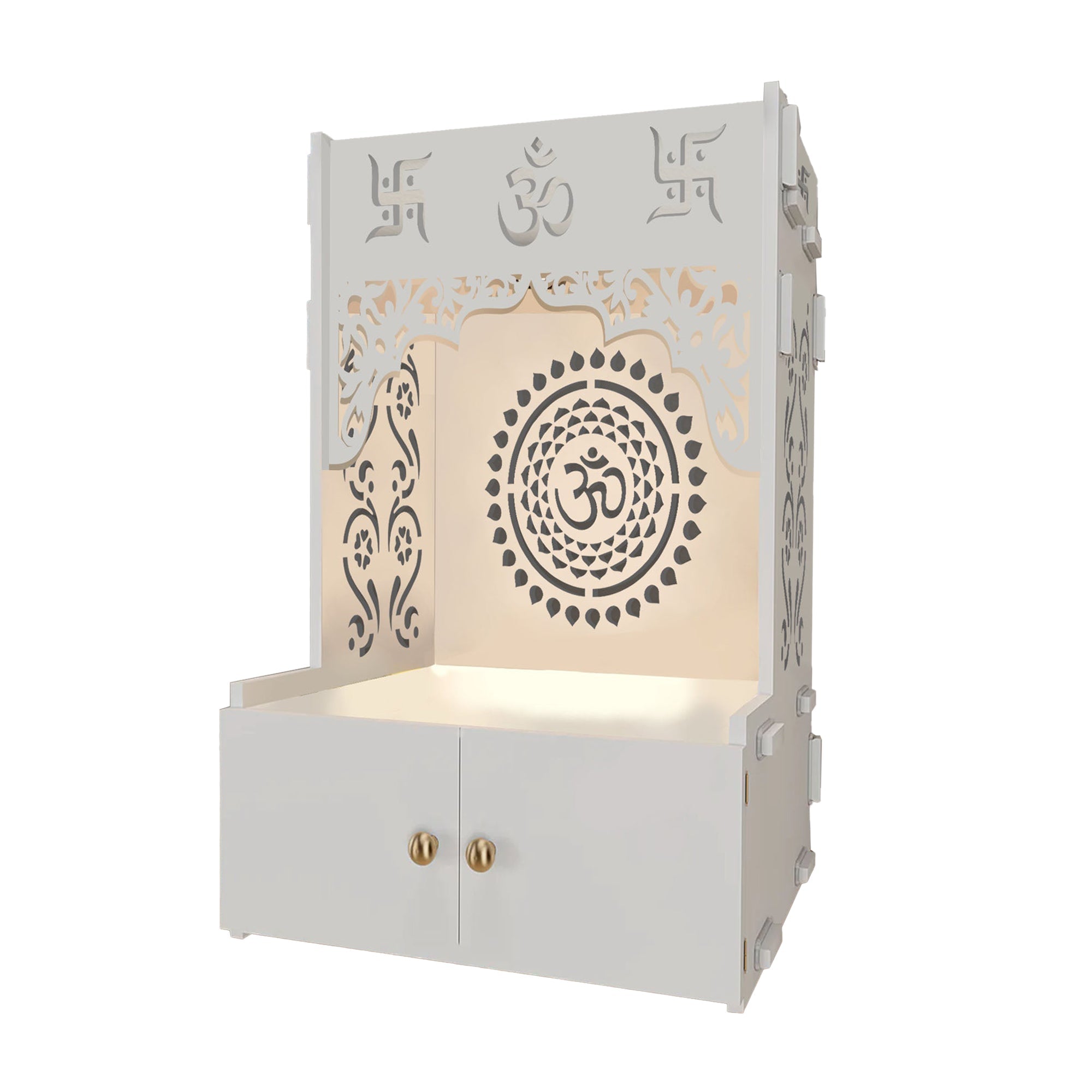 Designer Om Chakra Floor Temple with Spacious Wooden Shelf & Inbuilt Focus Light- White Finish