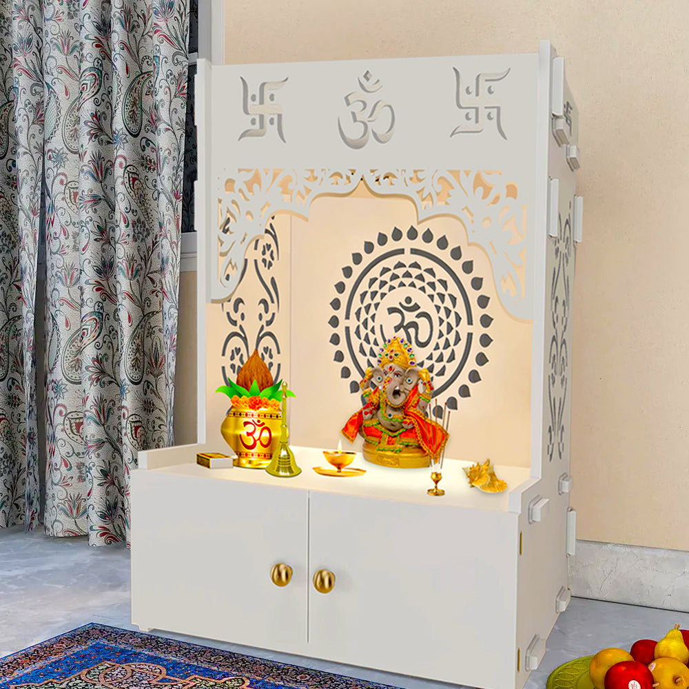 Designer Om Chakra Floor Temple with Spacious Wooden Shelf & Inbuilt Focus Light- White Finish