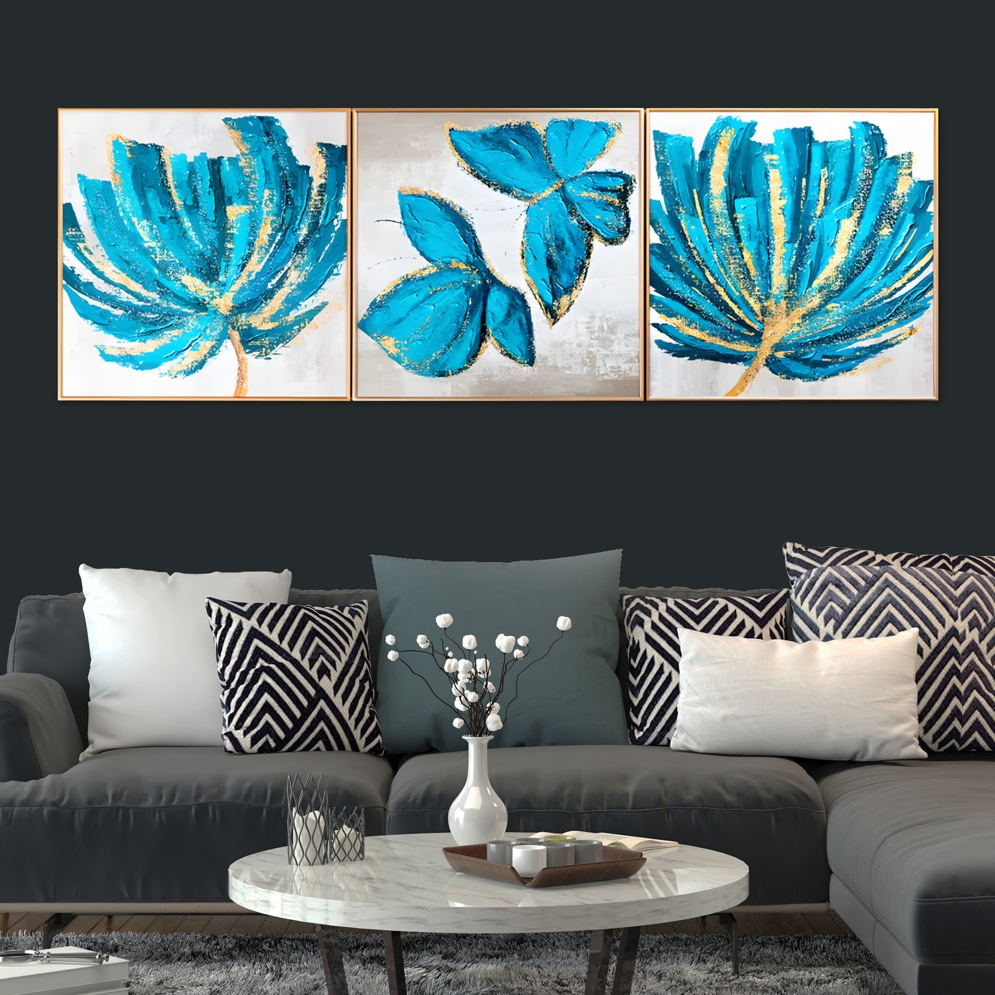 Flower Lima Butterfly Framed Crystal Glass Painting Set Of 3