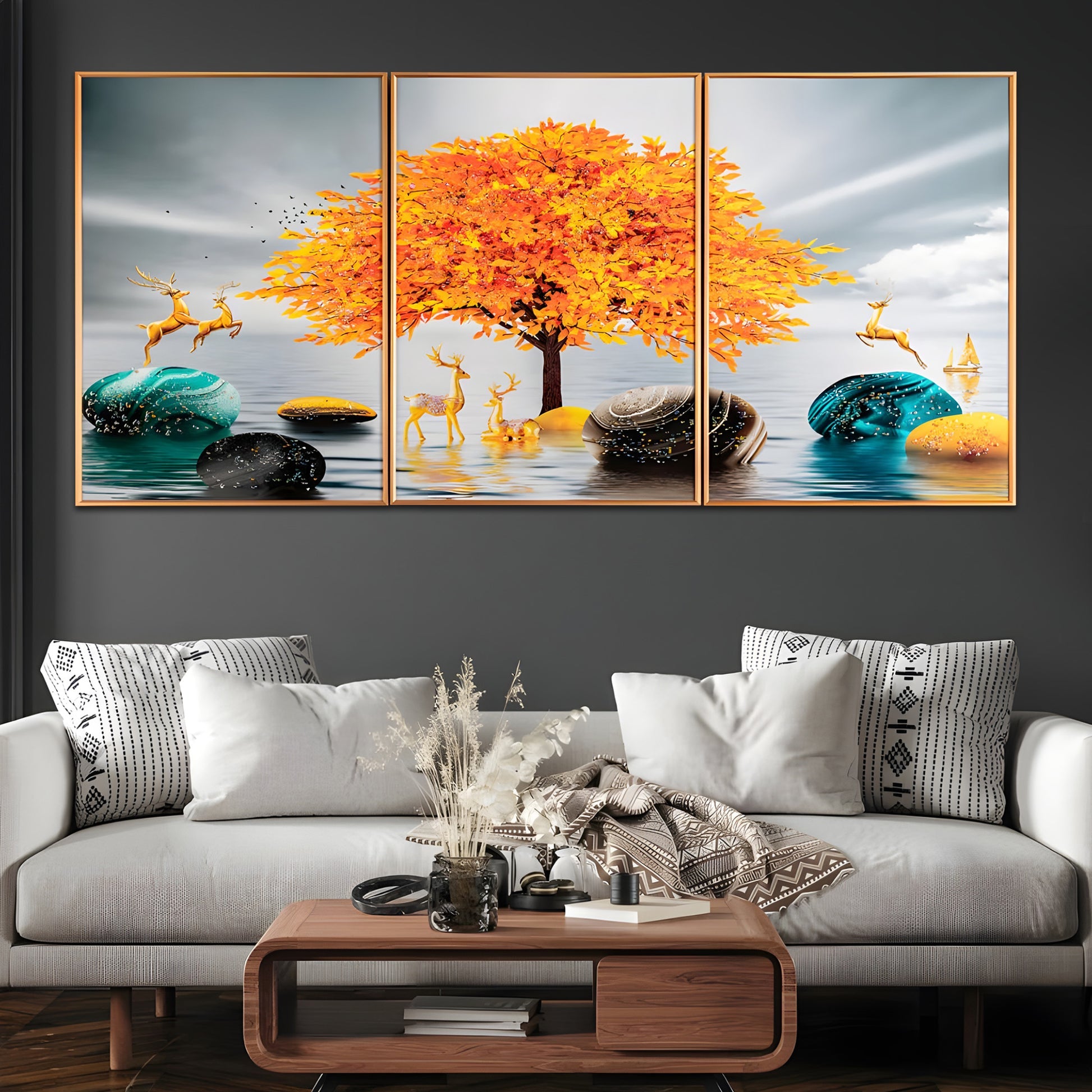 Golden Glory Nature Framed Crystal Glass Painting Set Of 3