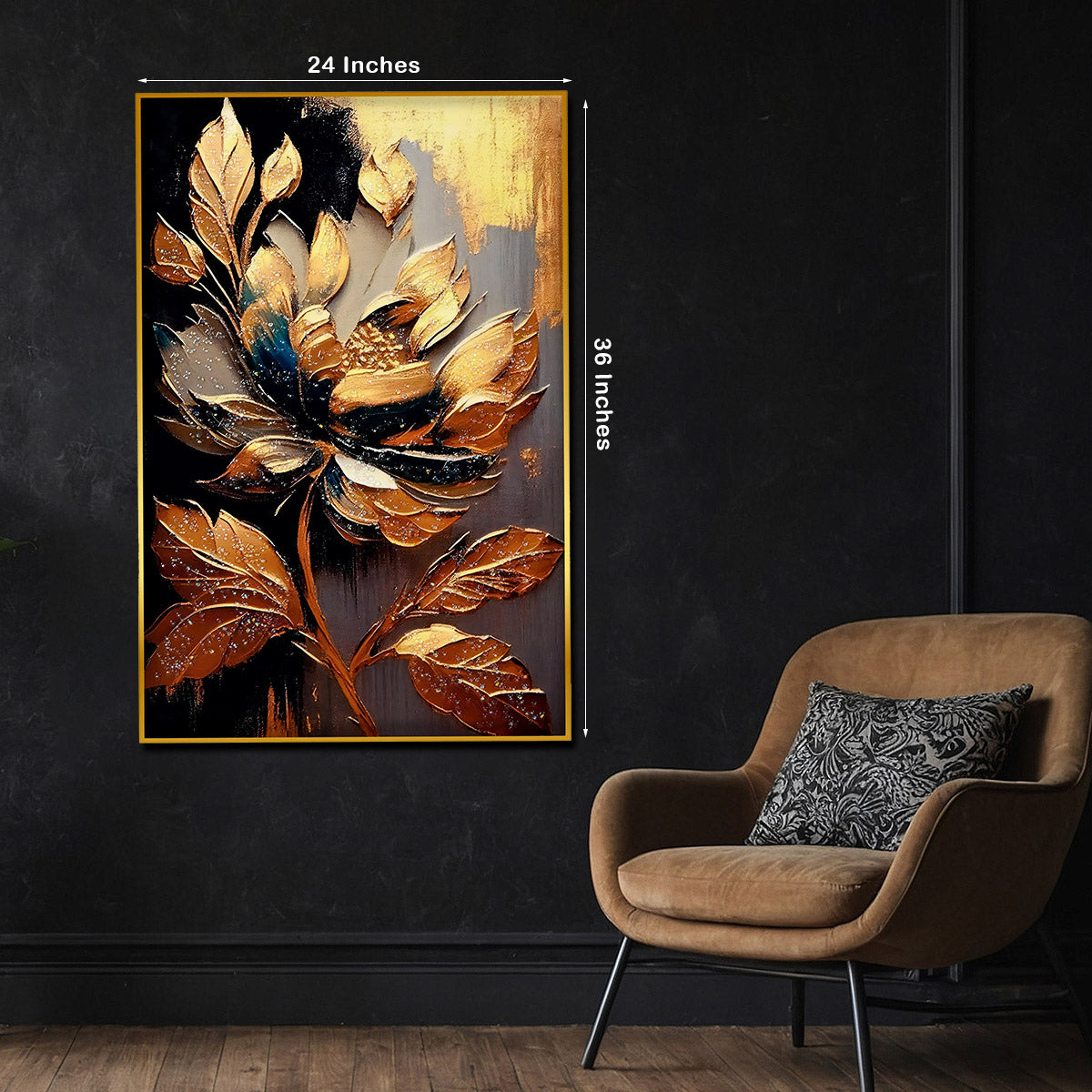 Golden Petals Flower Framed Crystal Glass Painting
