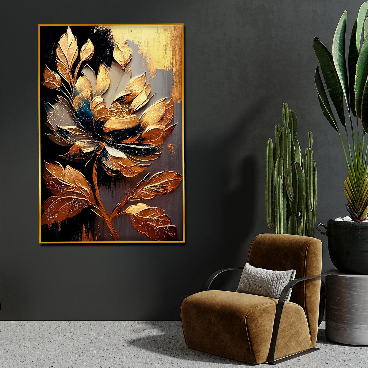 Golden Petals Flower Framed Crystal Glass Painting