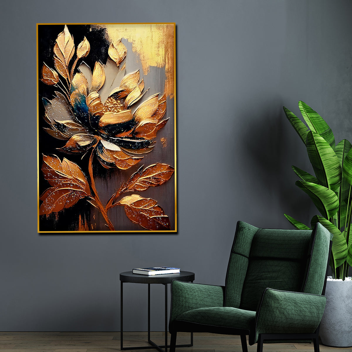 Golden Petals Flower Framed Crystal Glass Painting