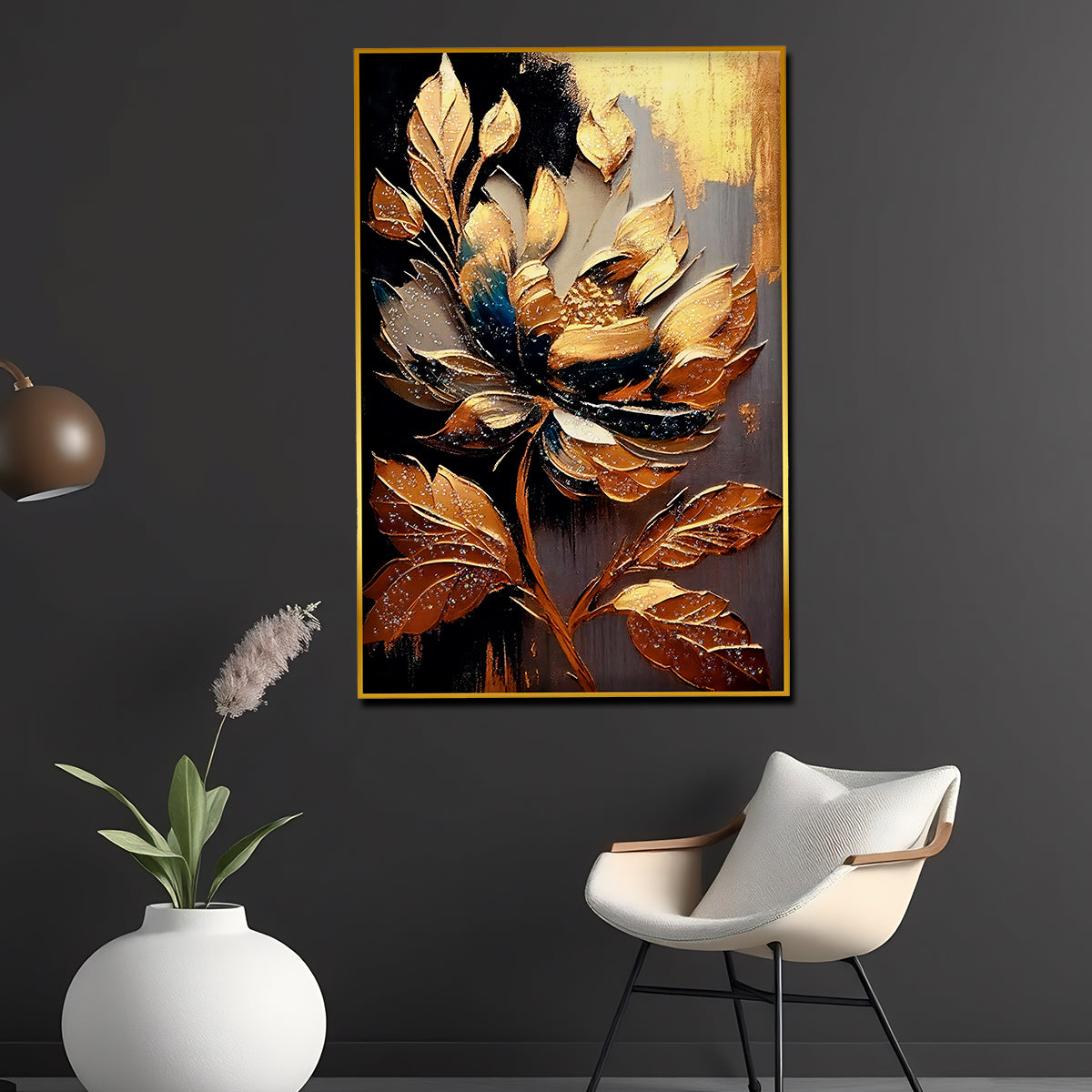 Golden Petals Flower Framed Crystal Glass Painting