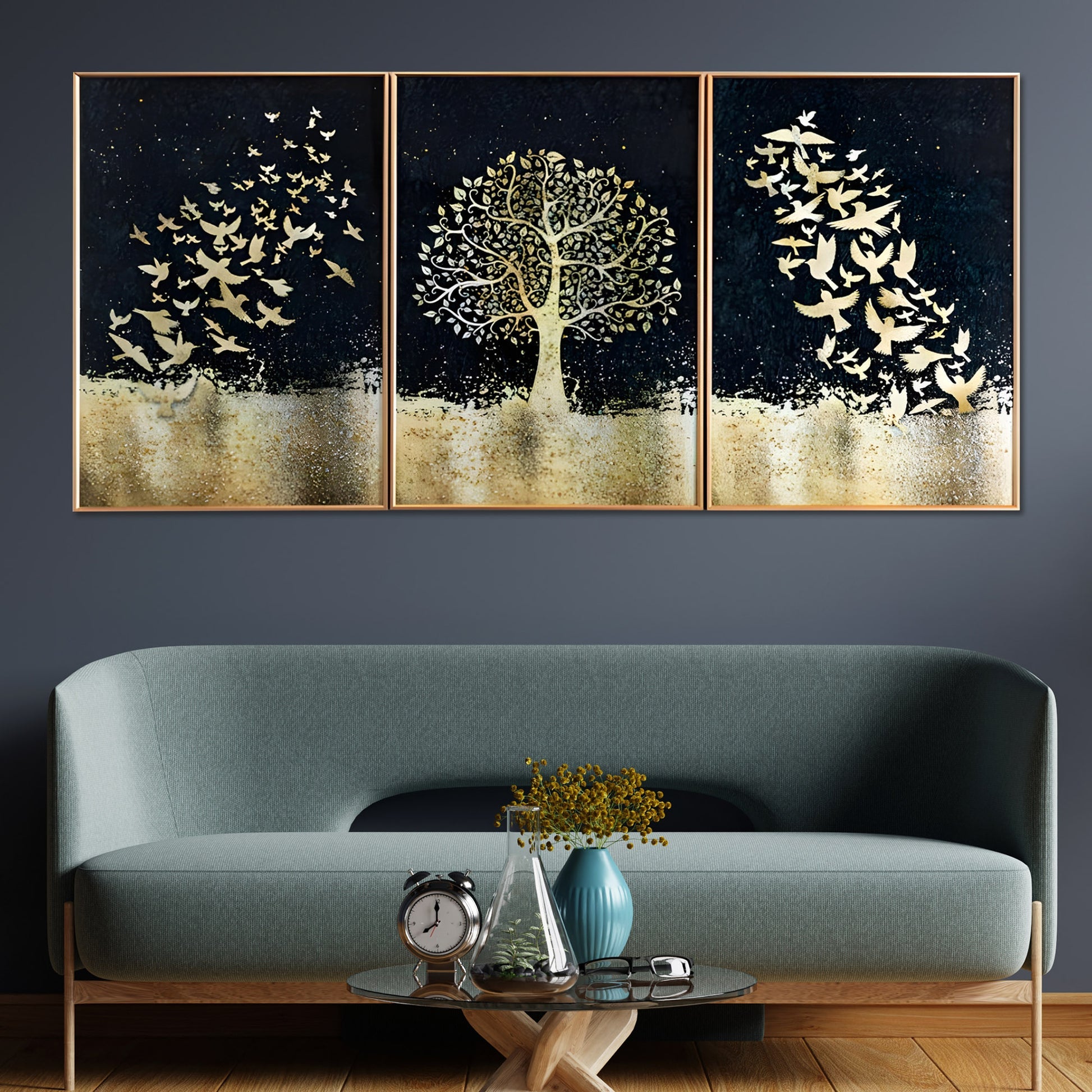 Golden Tree Birds Framed Crystal Glass Painting Set Of 3