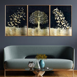 Golden Tree Birds Framed Crystal Glass Painting Set Of 3
