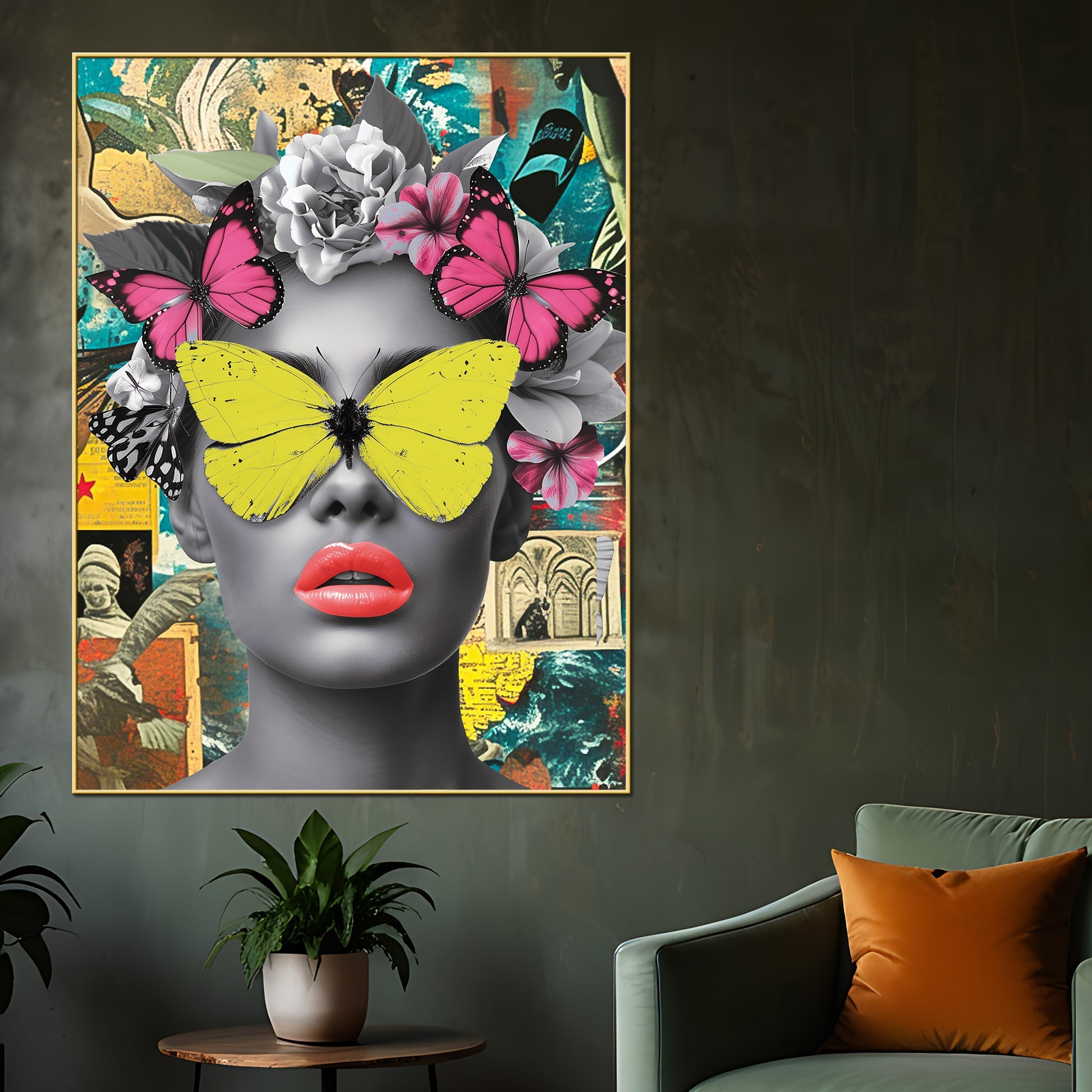 Lady Floral Beauty Butterfly & Bloom Cotton Canvas Wall Painting