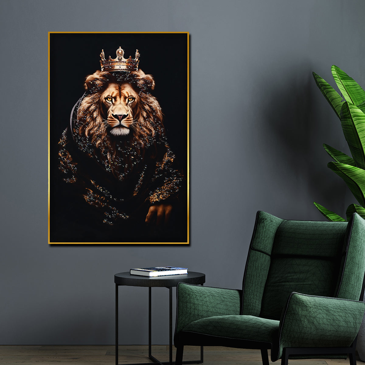 Lion King With Crown Framed Crystal Glass Painting
