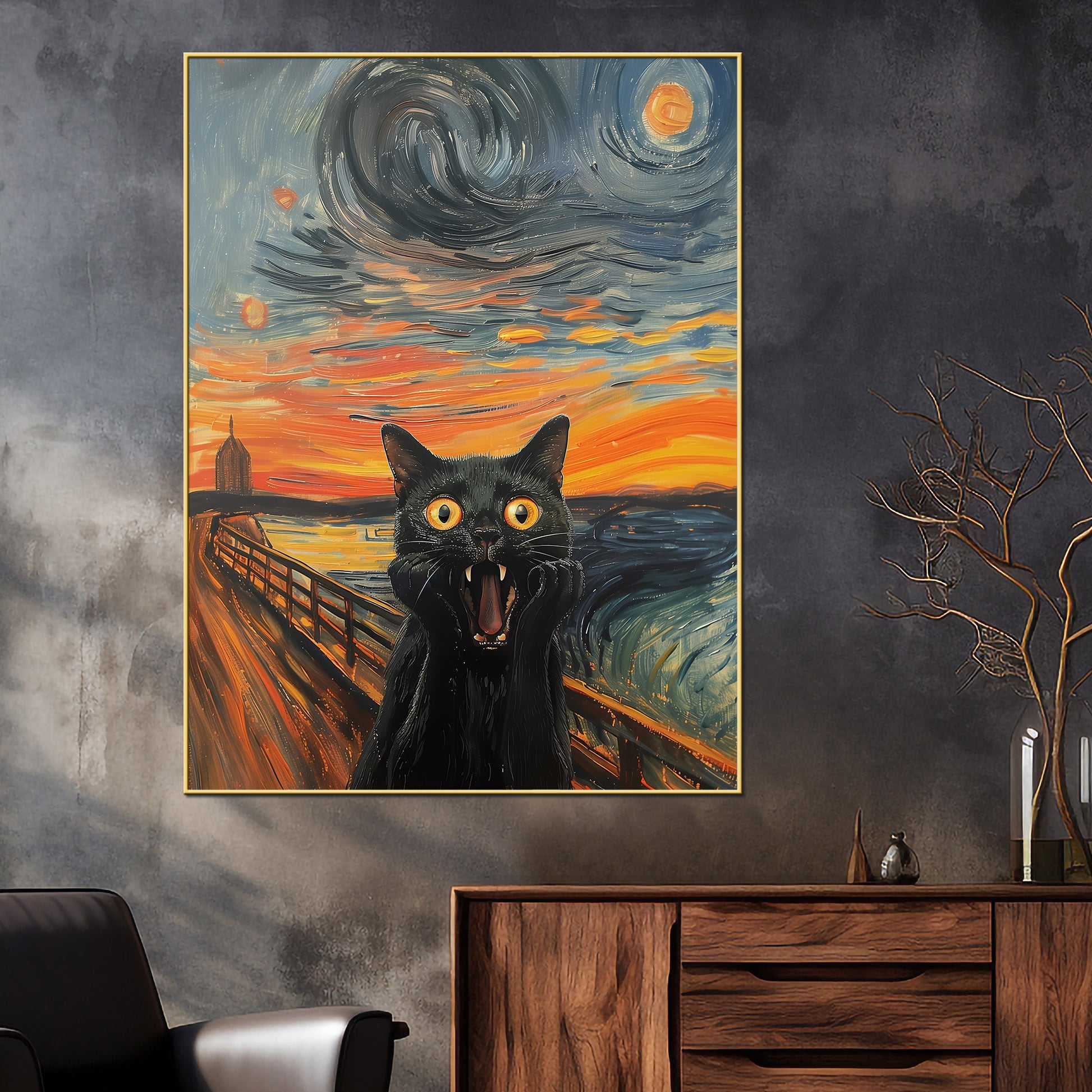 Munch The Scream Cat Van Gogh Vibes Cotton Canvas Wall Painting