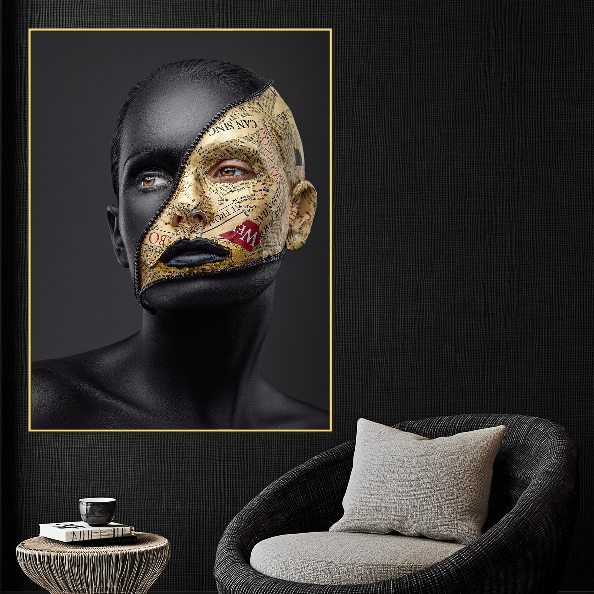 Mystique Face with Golden Newspaper Cotton Canvas Wall Painting