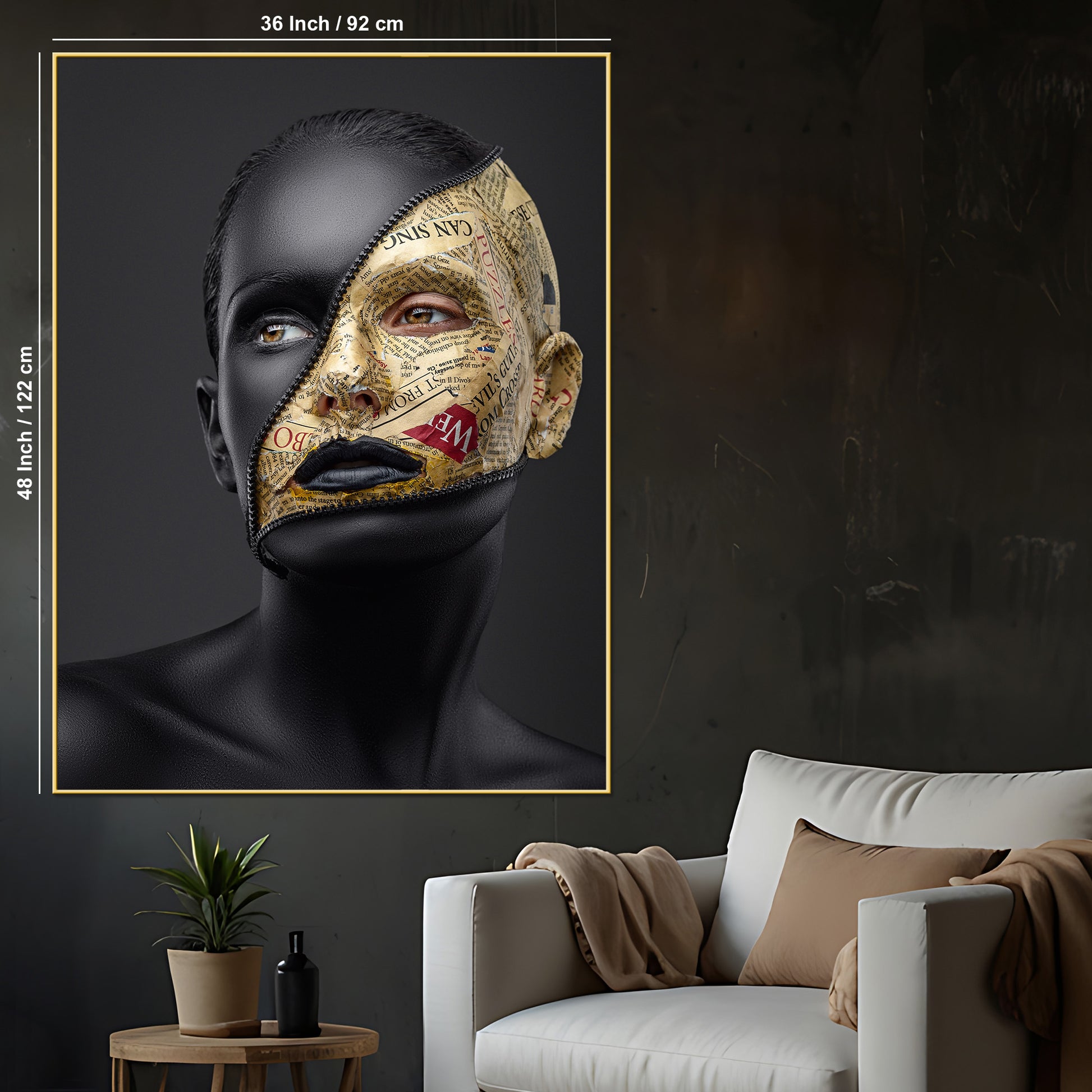 Mystique Face with Golden Newspaper Cotton Canvas Wall Painting