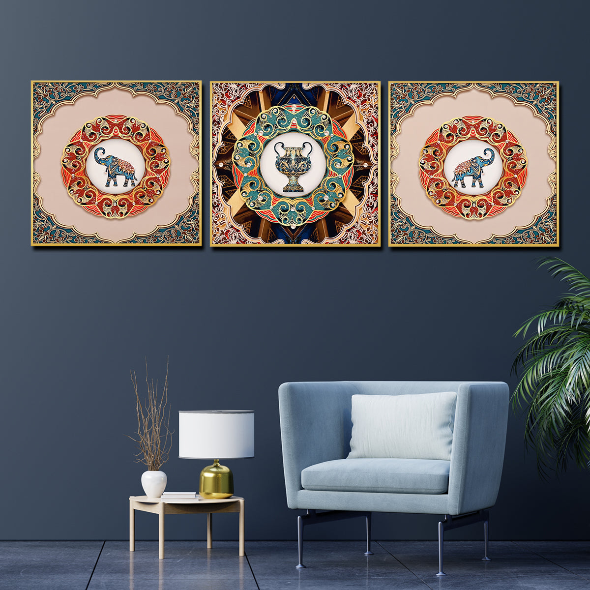 Pride Of Wild Elephant Framed Crystal Glass Painting Set Of 3