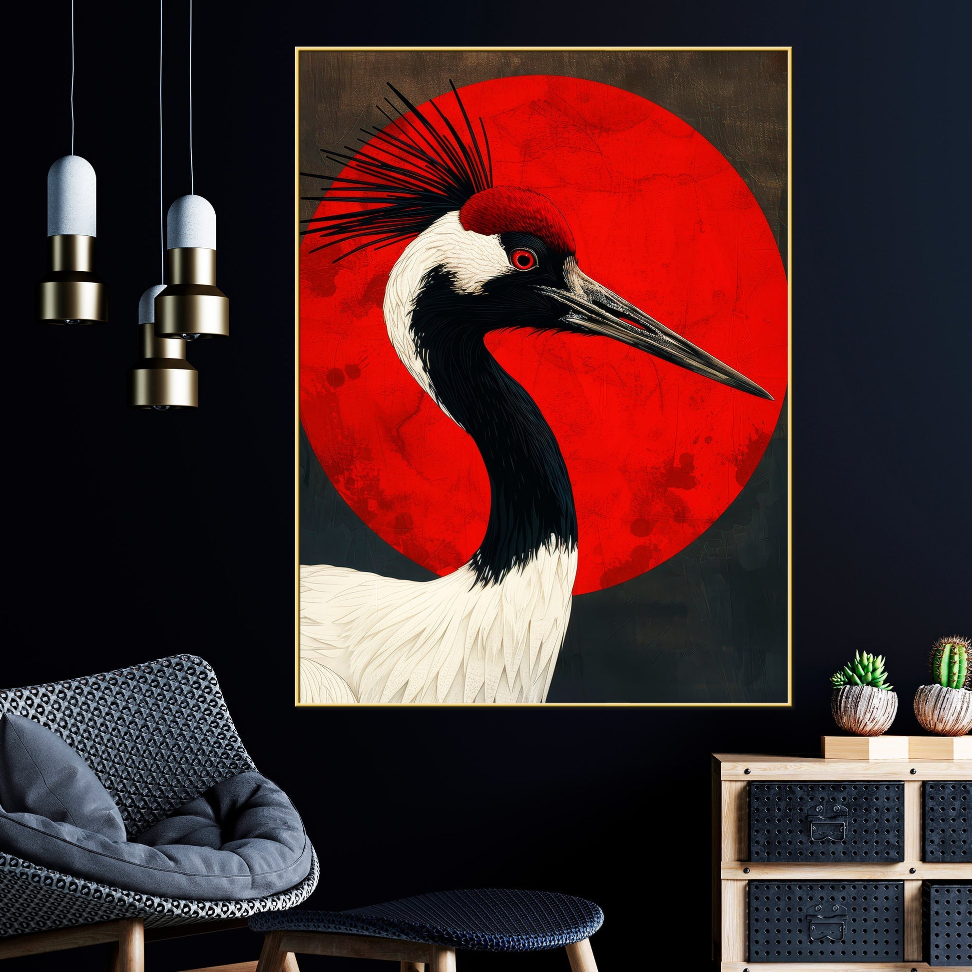 Red Crowned Crane with Rising Sun Cotton Canvas Wall Painting