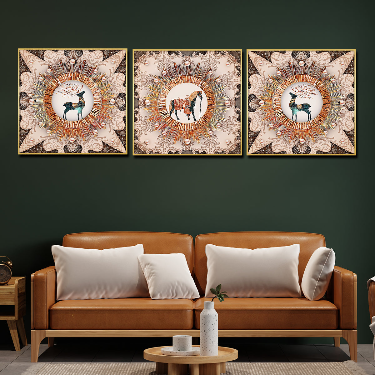 Royal Wild Family Horse Framed Crystal Glass Set Of 3 Painting