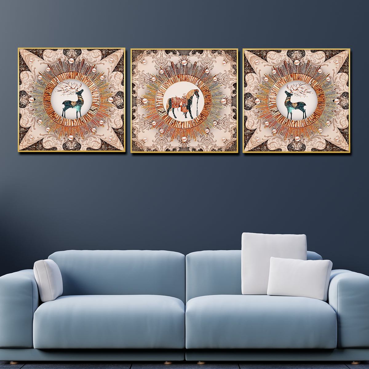 Royal Wild Family Horse Framed Crystal Glass Set Of 3 Painting