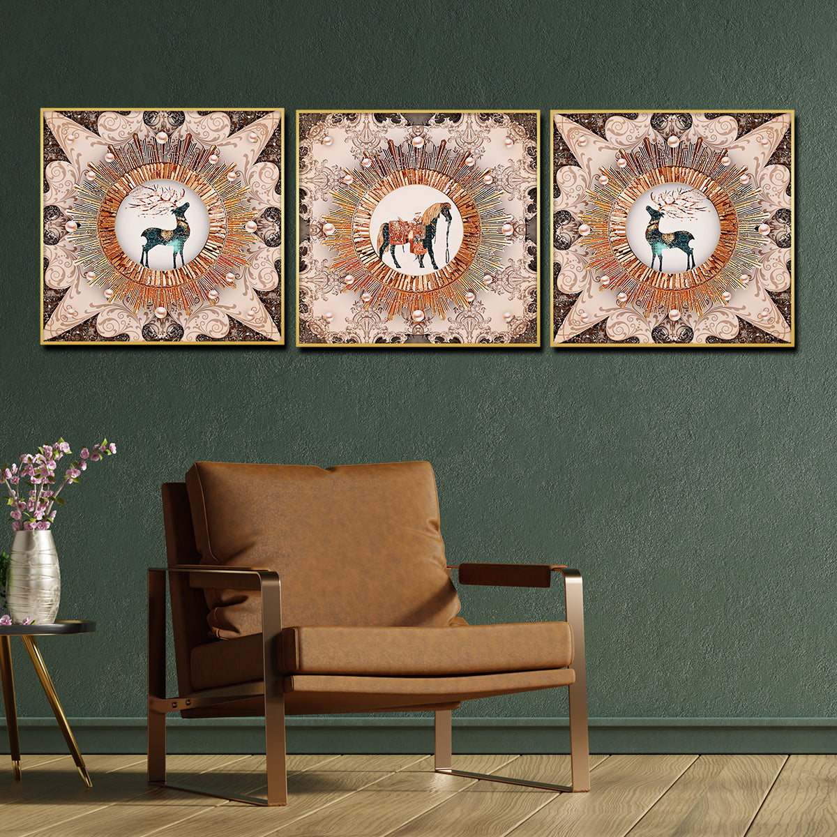 Royal Wild Family Horse Framed Crystal Glass Set Of 3 Painting