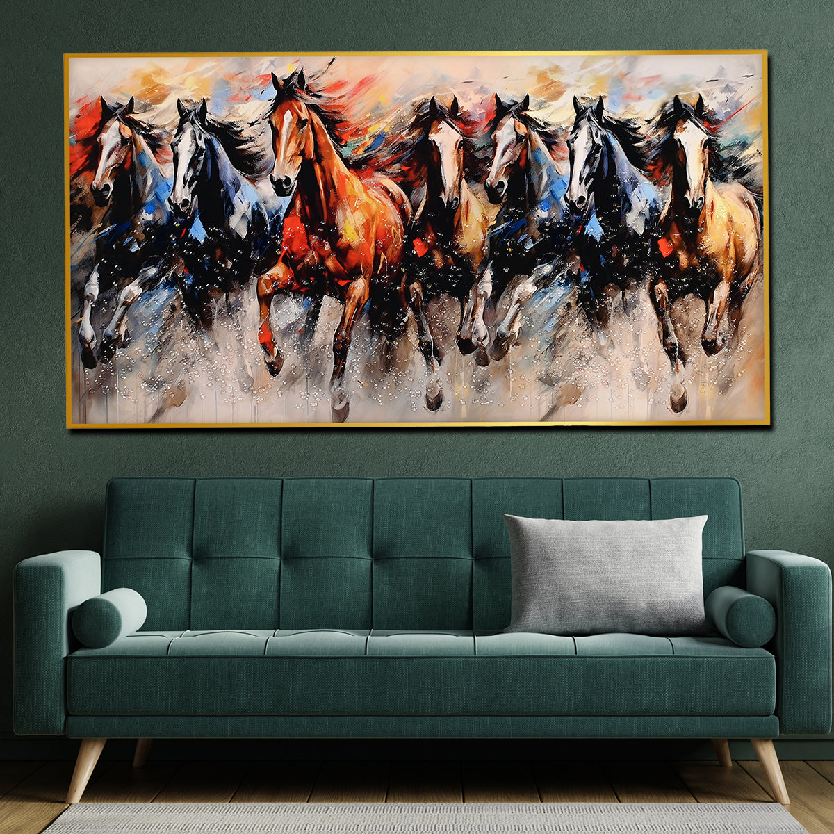 Seven Running Horses In Morning Framed Crystal Glass Painting