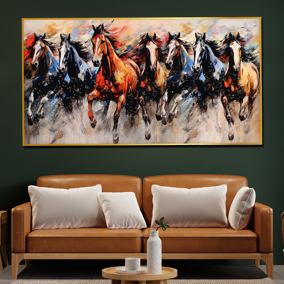 Seven Running Horses In Morning Framed Crystal Glass Painting