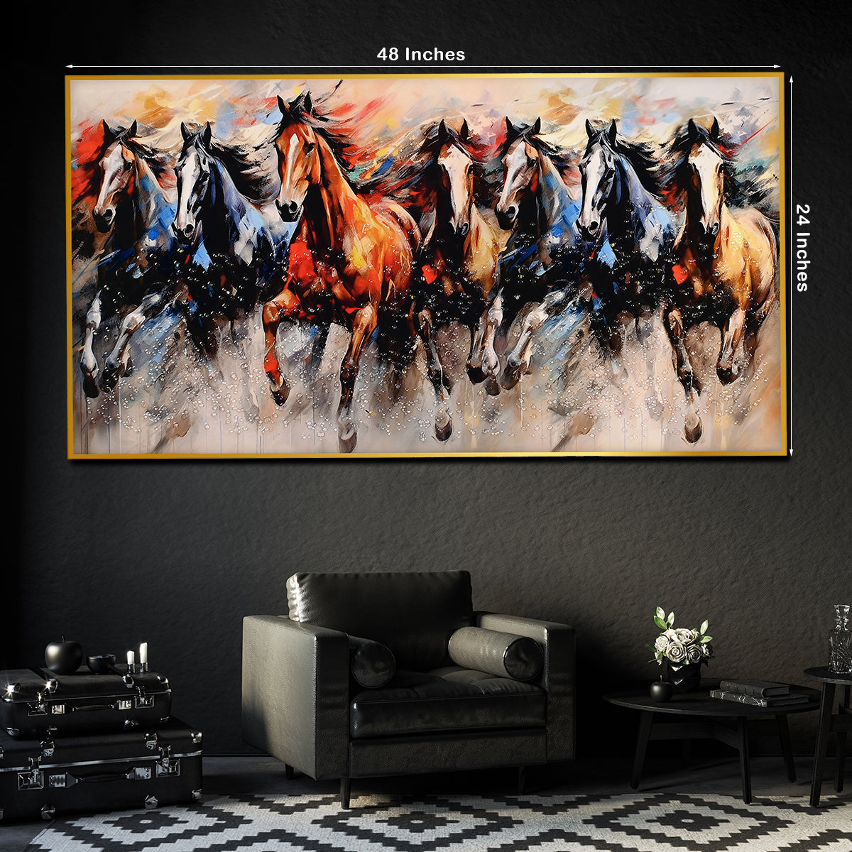 Seven Running Horses In Morning Framed Crystal Glass Painting