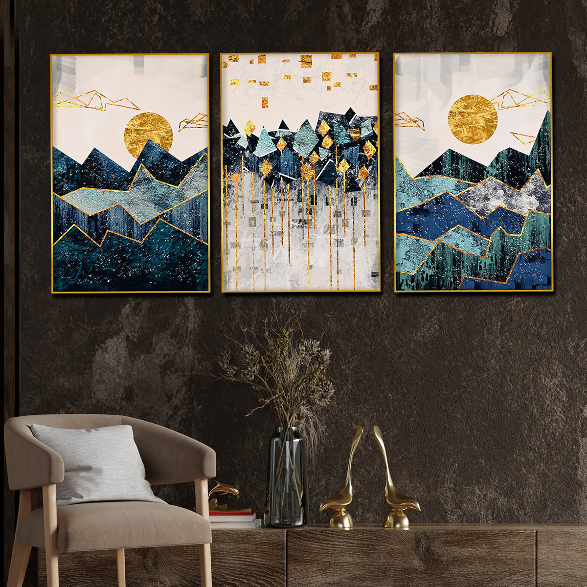 Sun Rise And Set Of Geometric Framed Crystal Glass Painting