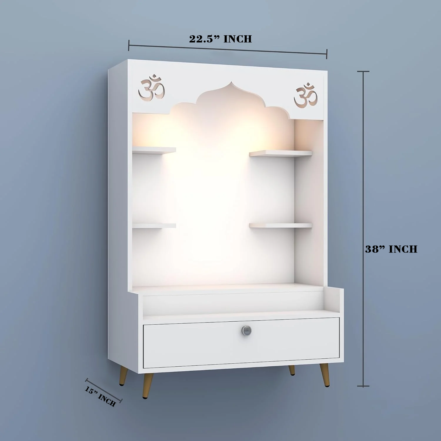 Divine Engineered Wood Home Temple Modern Design Puja Temple Stand with LED Lights Home Mandir OM Puja Shelf for Office - White