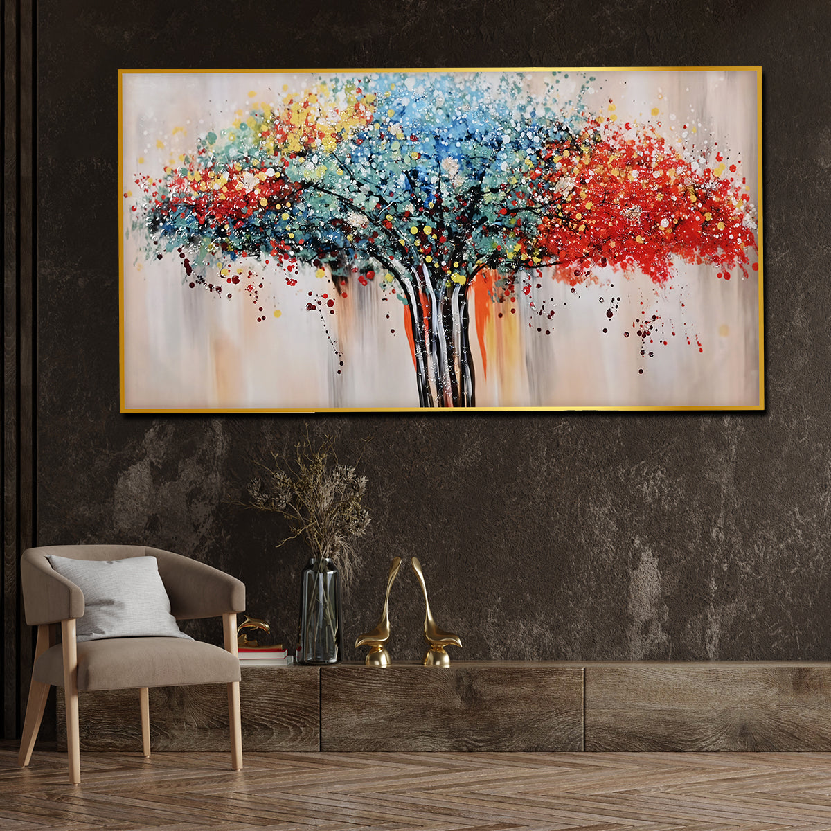 Tree Of Life In Seven Color Framed Crystal Glass Painting