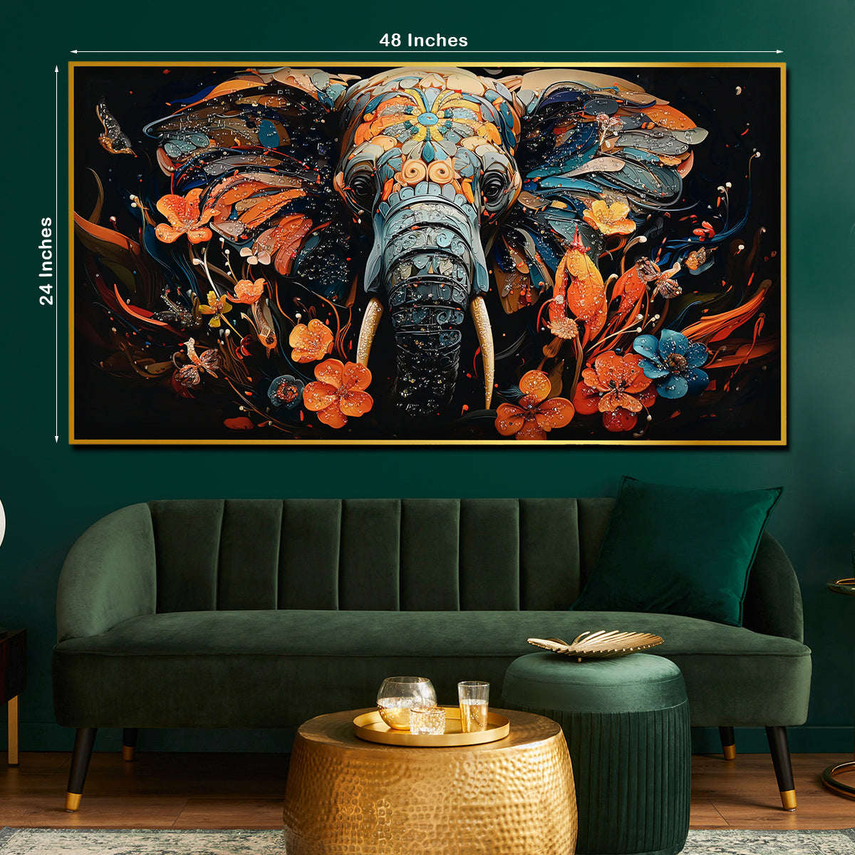 Tusk In Floral Beauty Elephant Framed Crystal Glass Painting