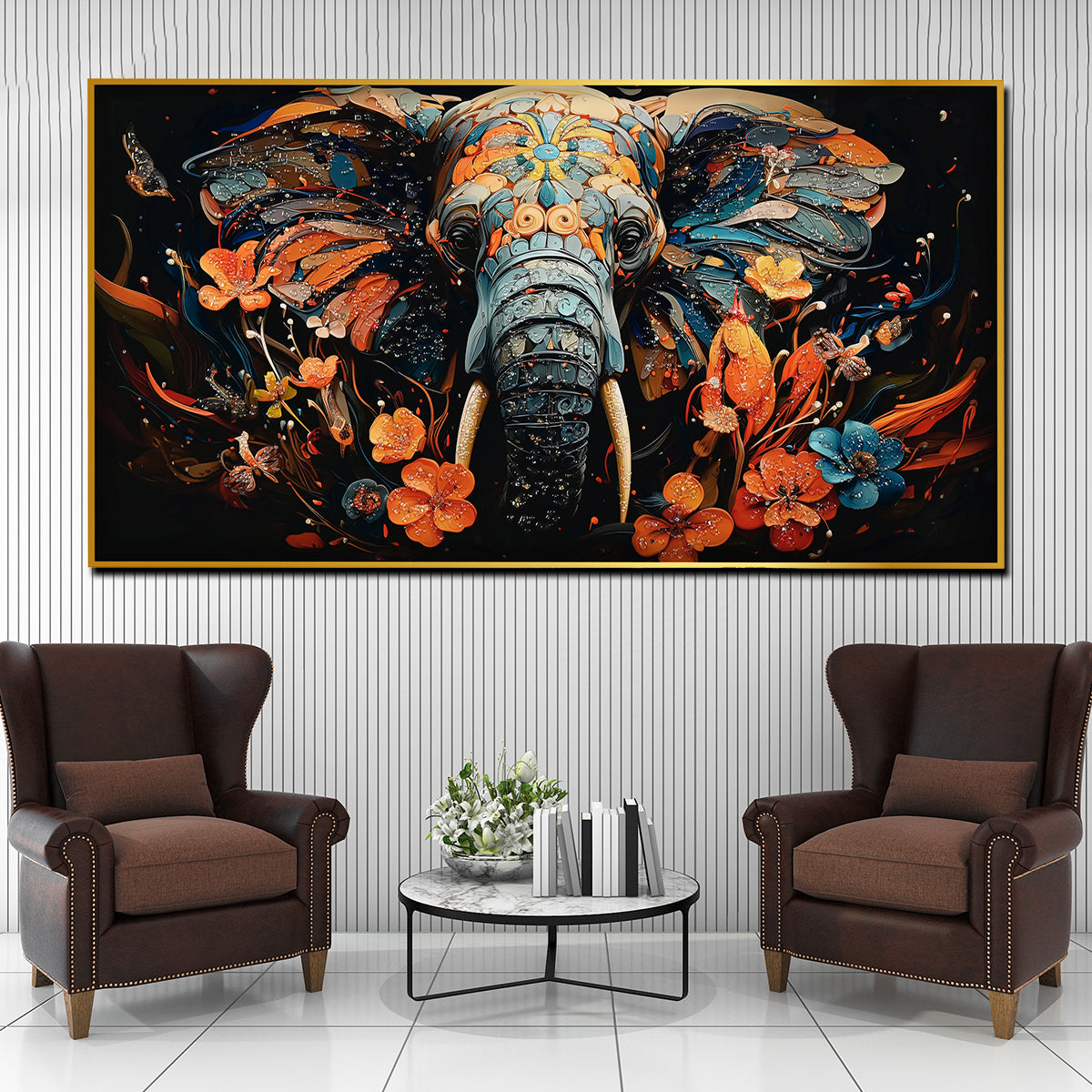 Tusk In Floral Beauty Elephant Framed Crystal Glass Painting
