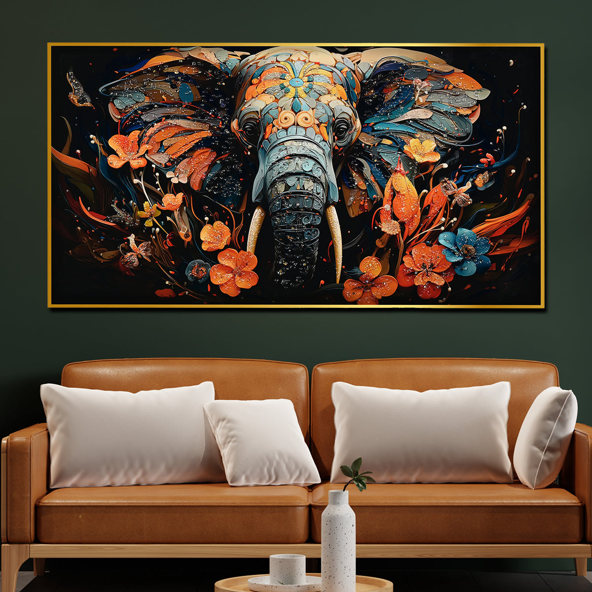 Tusk In Floral Beauty Elephant Framed Crystal Glass Painting