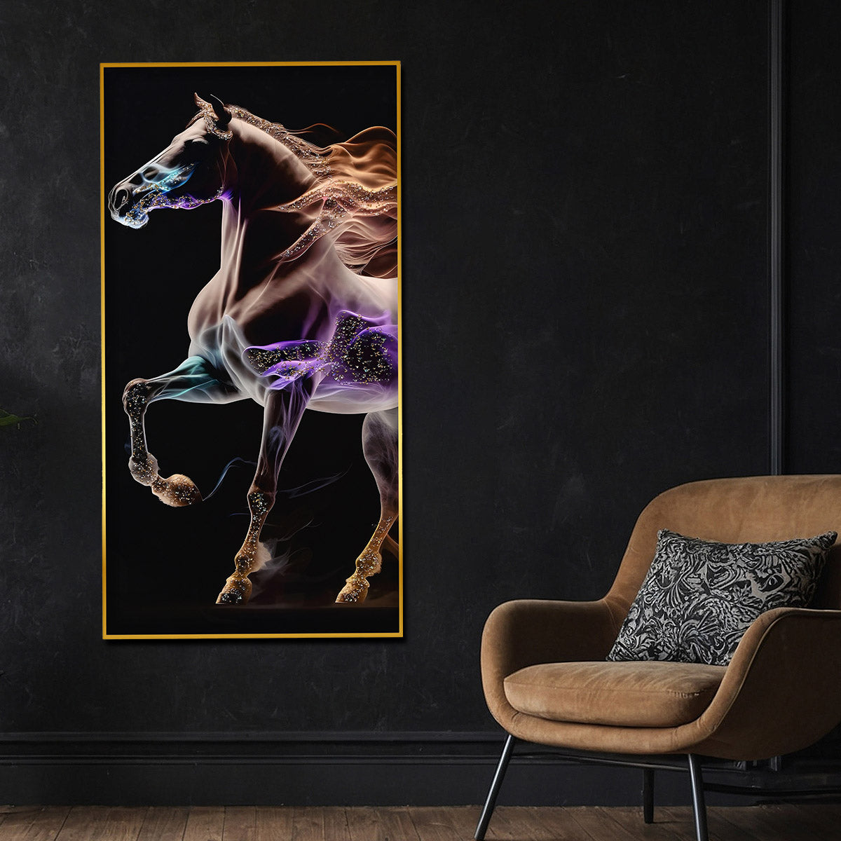 Unicorn With His Fire Horse Framed Crystal Glass Painting