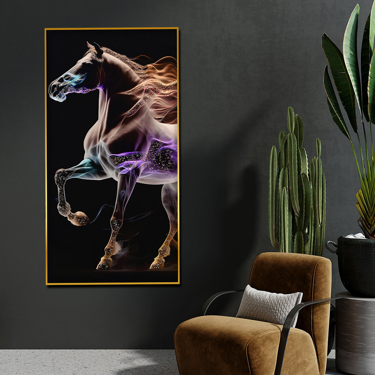 Unicorn With His Fire Horse Framed Crystal Glass Painting