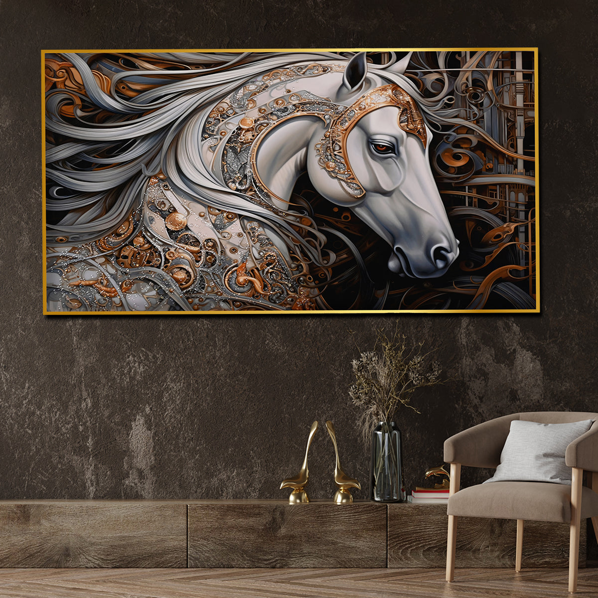White Stallion From Heaven Horse Framed Crystal Glass Painting
