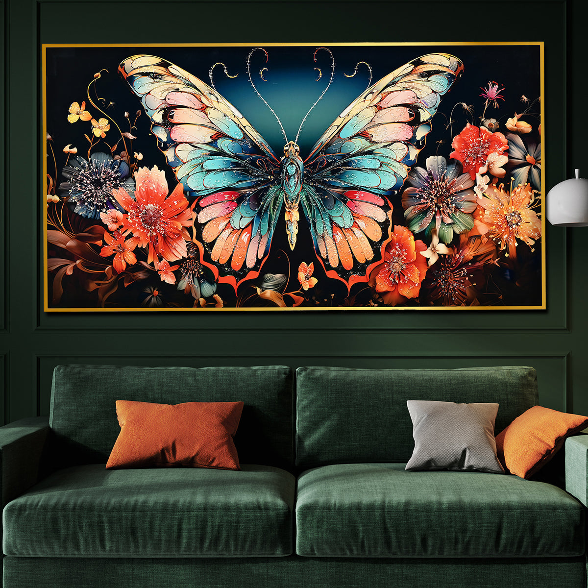 Wings Of Floral Butterfly Framed Crystal Glass Painting